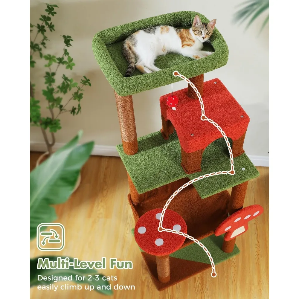 다층 실내 고양이 나무, 대형 해먹, 탈부착 가능한 스크래처, 콘도, 퍼치, 등반 및 휴식을 위한 3개의 사이잘 포스트 포함