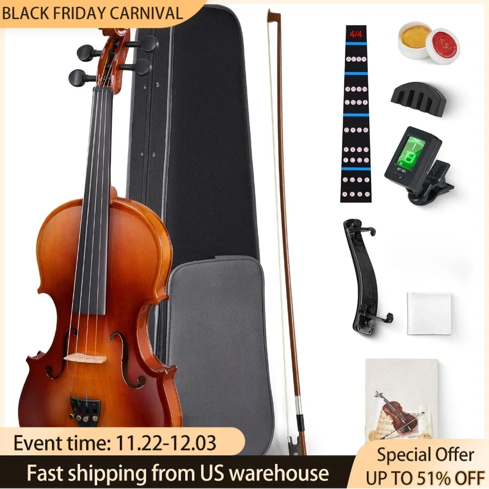 Violin 4/4 Full Size Set Fiddle, Handcrafted Starter Acoustic Violins Kit with Solid Wood Side Board, Lightweight Hard Violin