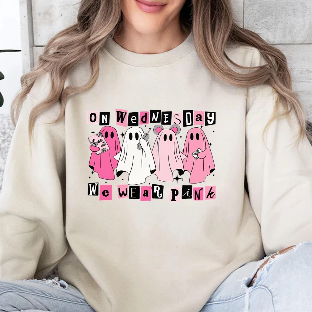 On Wednesday We Wear Pink HalloweenCasual Crewneck Sweatshirt, Cute Pink Ghost Shirt, Boo Book Halloween Sweat