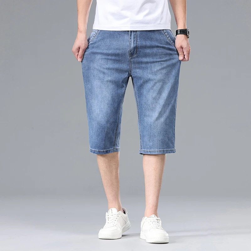 2025 뉴 여름 남성 얇은 스트레이트 데님 반바지 부드럽고 편안한 아이스 실크 느낌 루즈 팬츠 대형 라이트 블루 다크 블루