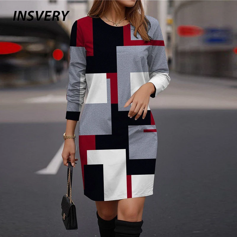 

Spring Autumn Geometric Printing Dress Women O Neck Long Sleeve Casual Dresses For Women Mini Dress 2024