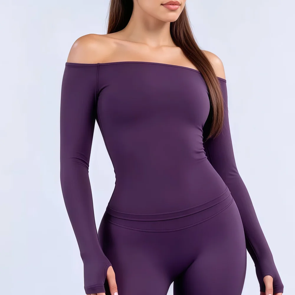 HISTELLO Vision Long Sleeve Top Women Gym Clothing Off The Shoulder Yoga Shirt Thumb Hole Blouse Slim Fit Fitness Sports Top