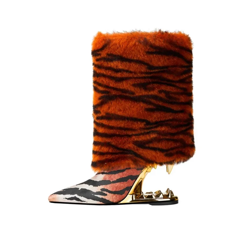 35-43 Golden Tiger Teeth Shaped Heel Women Short Boots Brand 2023 European And American Style Leopard Pattern Pointed High Heels