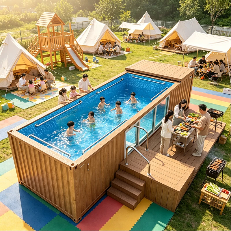20FT Above Ground Shipping Container Swimming Pool with LED Lighting Tempered Glass Window for Family Outdoor Use