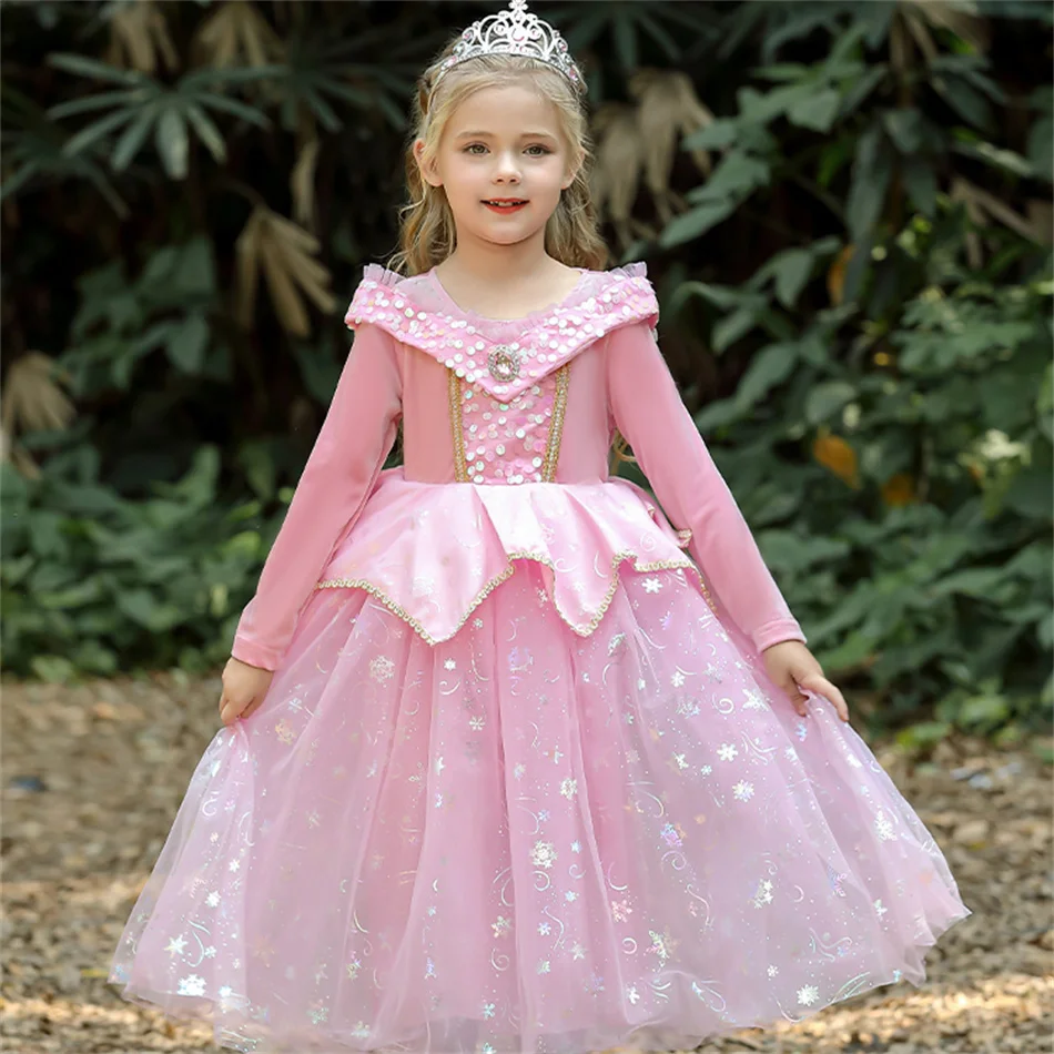 Aurora Pink Princess Dress Girls Cosplay Long Sleeves Sequin Mesh Ball Gown Children Birthday Halloween Carnival Party Clothes
