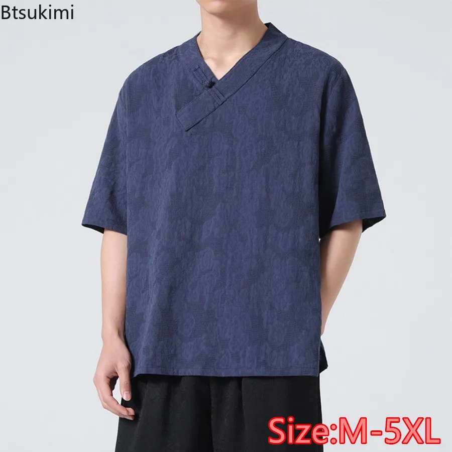 2024 Traditional Chinese Hanfu Tops Men's Loose Casual T-shirt Kimono Breathable Retro Cotton Linen Shirt TaiChi Kung Fu Uniform