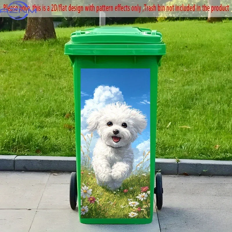 1pc 2D Flat Trash Can Sticker, White Dog Running in Flowers Image, Suitable for Outdoor Trash Cans and Kitchen Wall Decoration