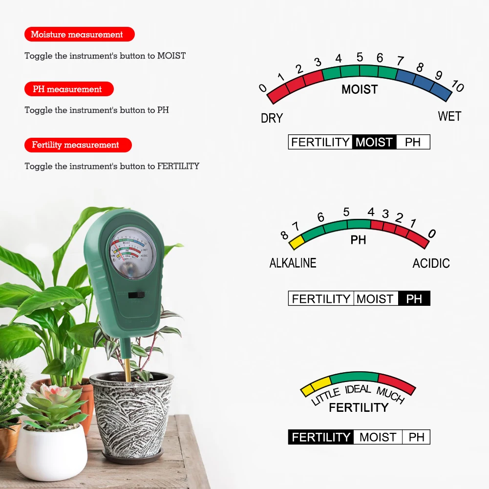 Portable 3-in-1 Soil Tester Earth PH Meter Moisture Fertility Acidity Sensor Analyzer for Planting Gardening Lawn No Batteries