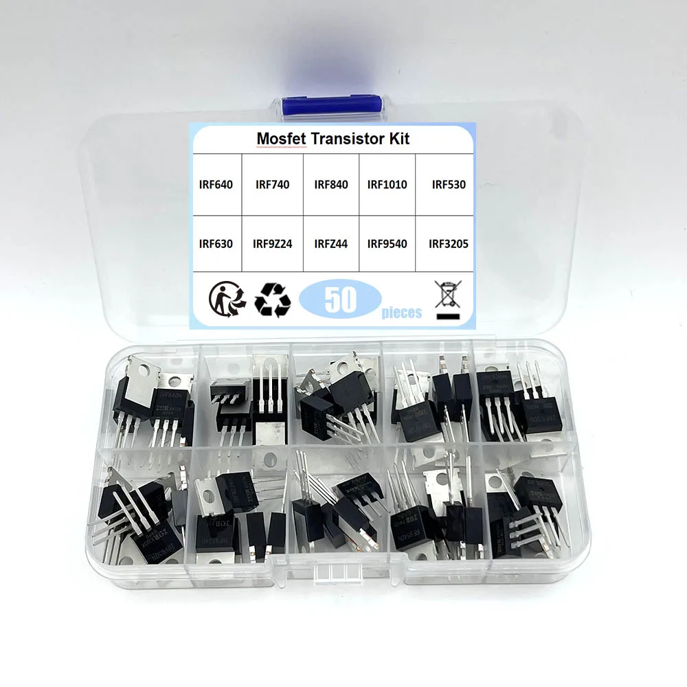 50Pcs/Box 10 Values Field Effect Transistor Kit IRF3205 IRF640 IRF740 IRF840 IRF530 IRF630 IRF1010 IRFZ44 IRF9540 IRF820 IRF9Z24