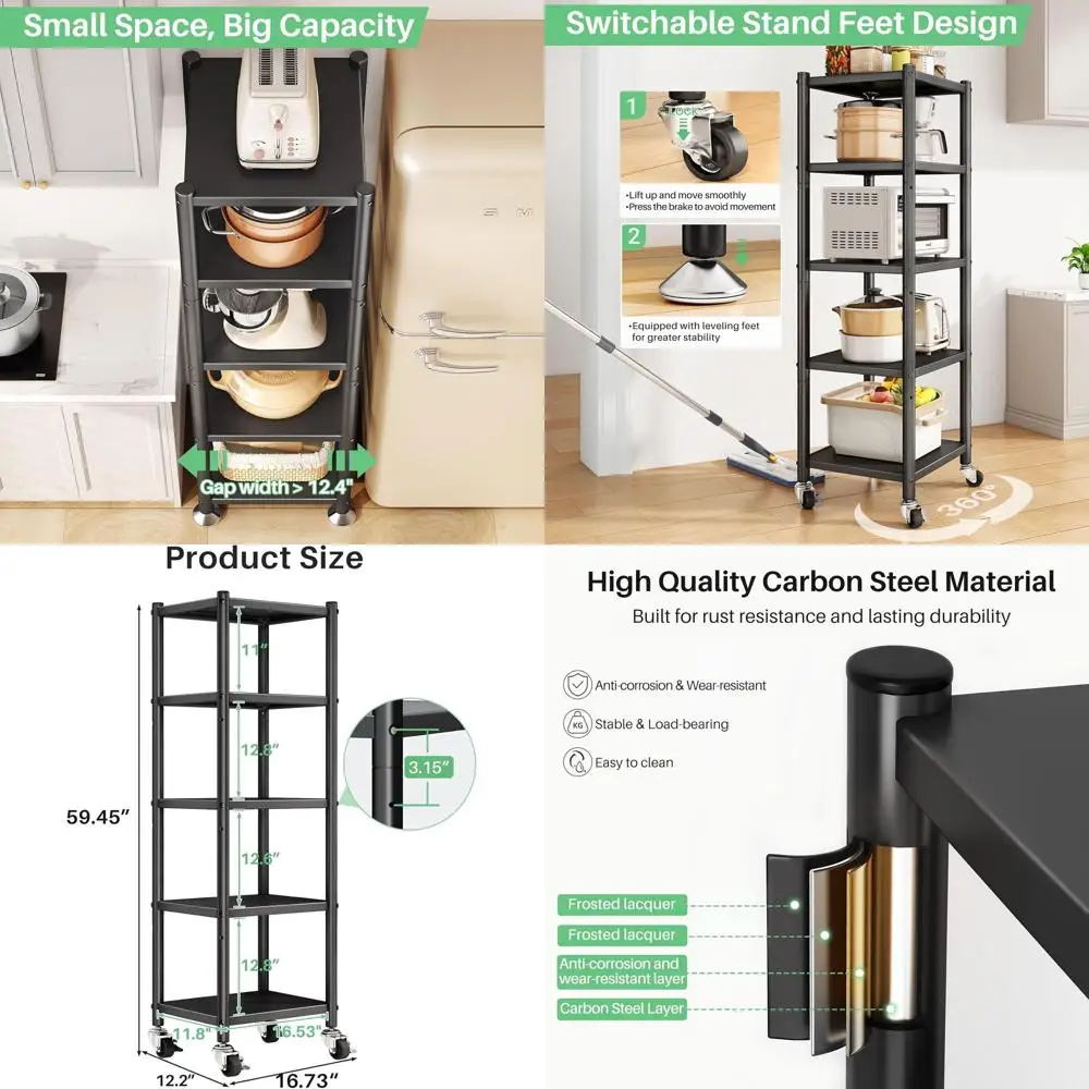 

5-Tier Adjustable Metal Storage Shelves with Wheels for Kitchen, Pantry, and Closet Organization