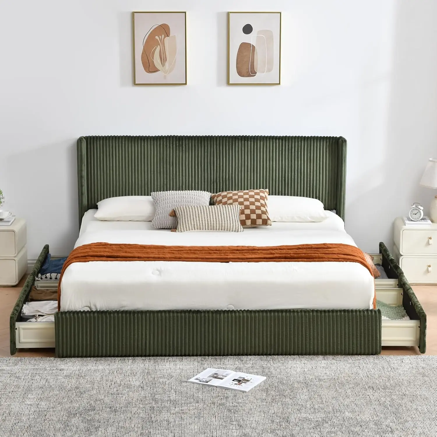 King Size upholstered Bed Frame with 4 Storage Drawers, Modern Vertical-Striped wingback headboard, Customized