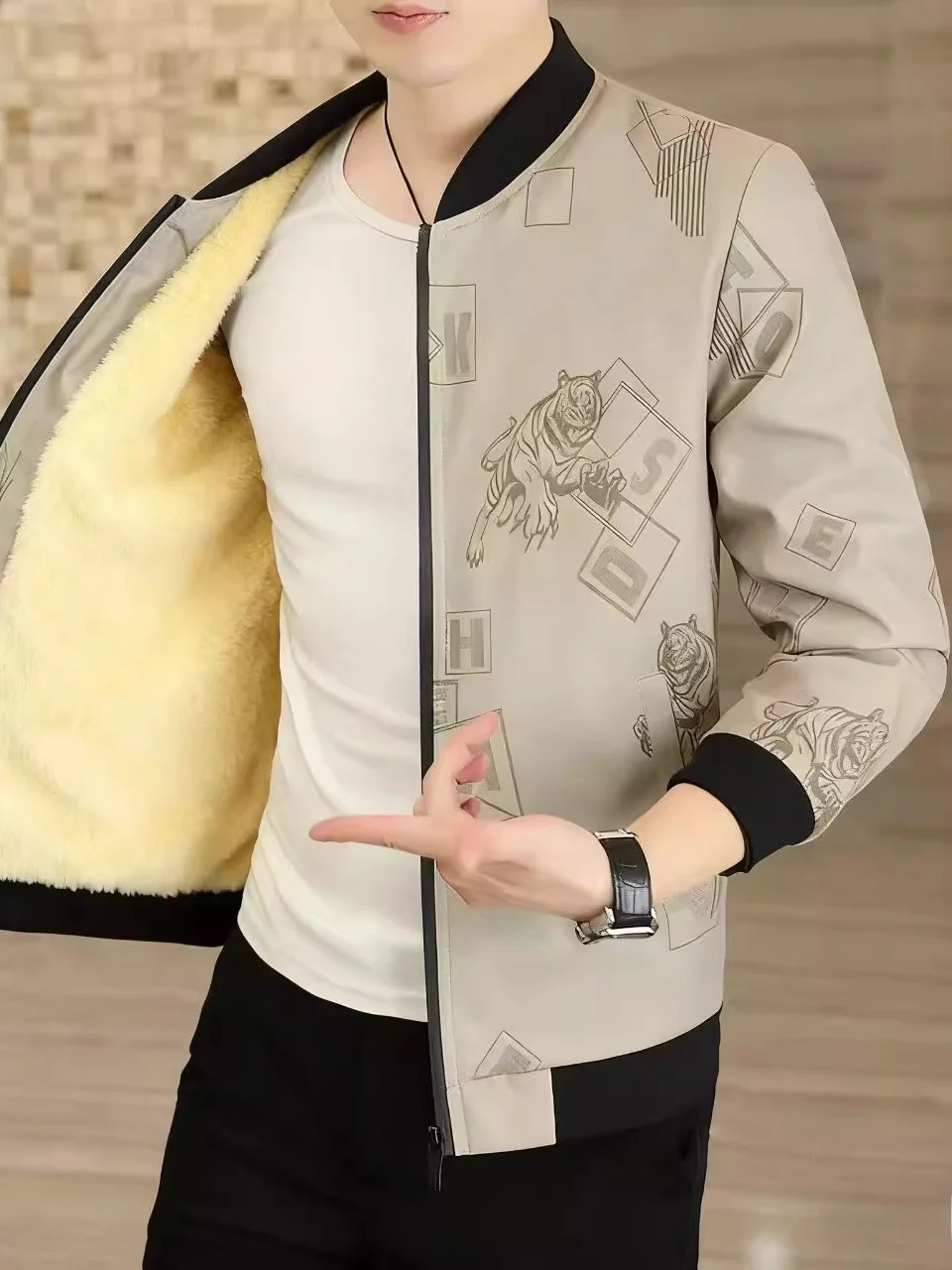 

Faionable Men's Thiened Fce Lined Slim Fit Cotton Jaet Autumn Winter Outerwear Printed Casual Sle Zipper Closure