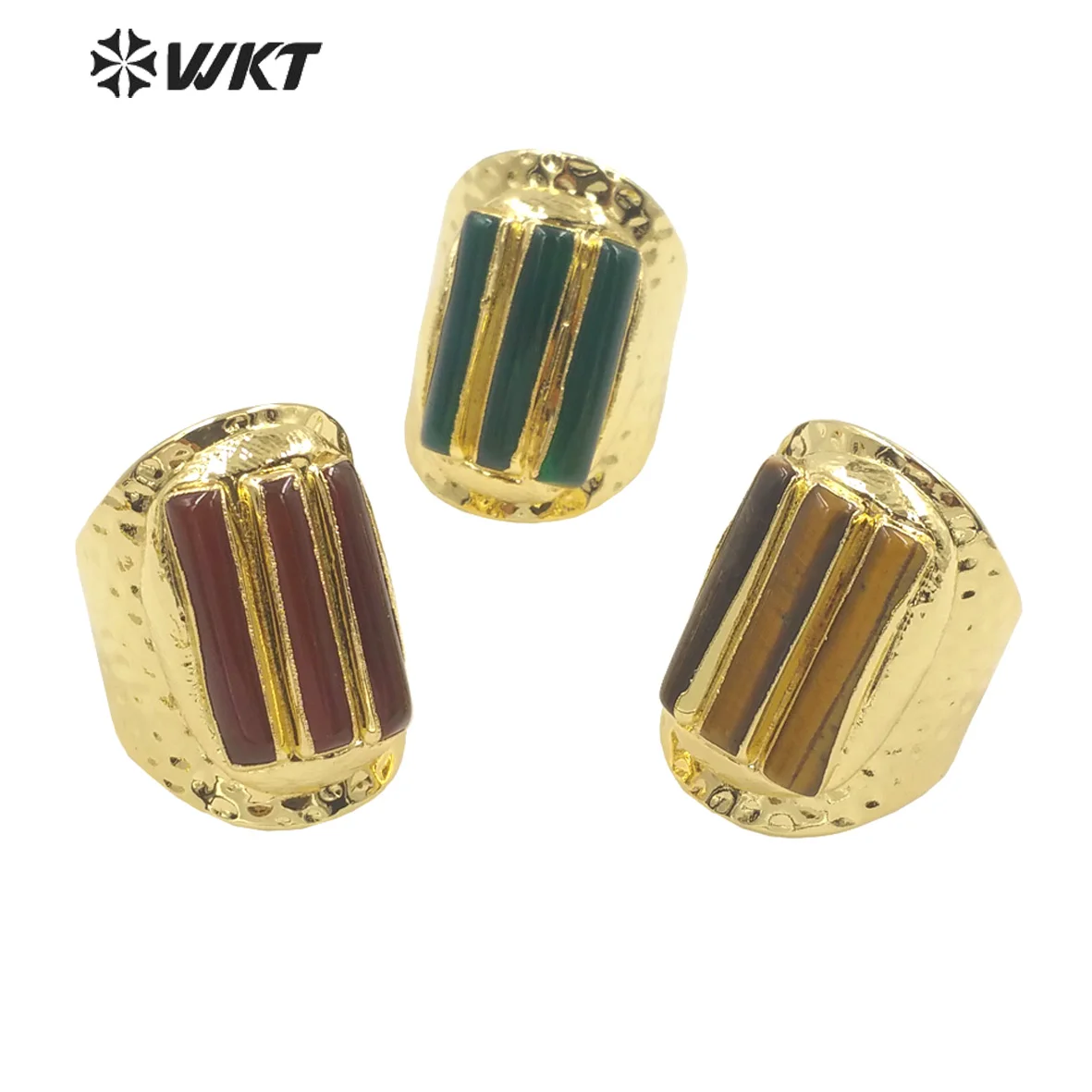 

WT-R413 WKT exclusive three stick natural stone cocktail Ring fashion 18k real gold plated resist tarnishable tiger eye stone