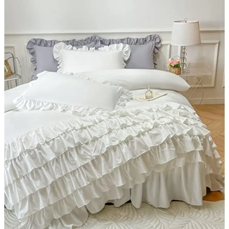 

Ruffle Duvet Cover Size 3PCS Soft Washed Microfiber Vintage French Country Duvet Cover Set for Bed 90x90 in