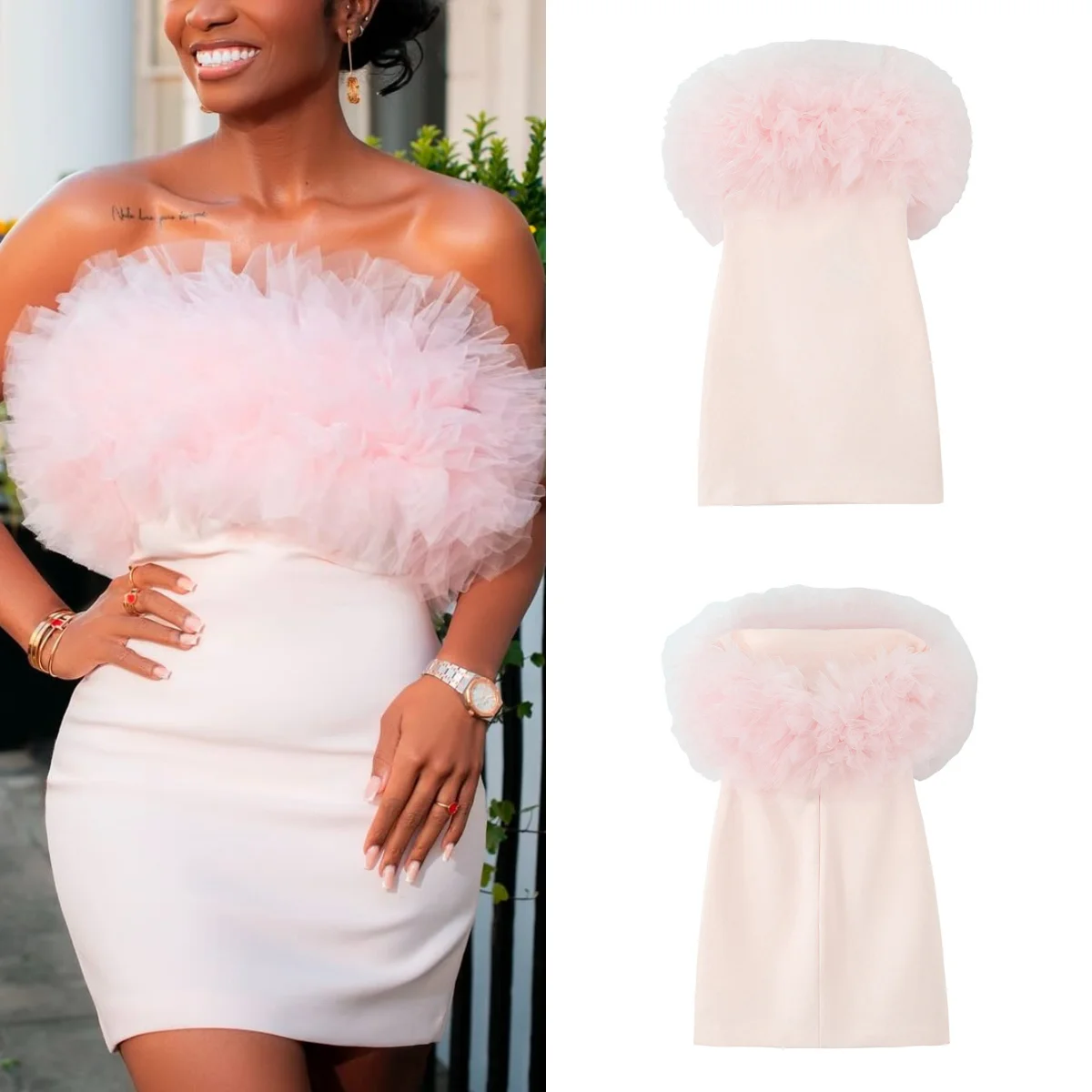 

Women Sexy Sweet Pink Dress Strapless Puff Tulle Sleeveless Mini Dress 2025 New Summer Fashion Holidays Cute Fluffy Dress
