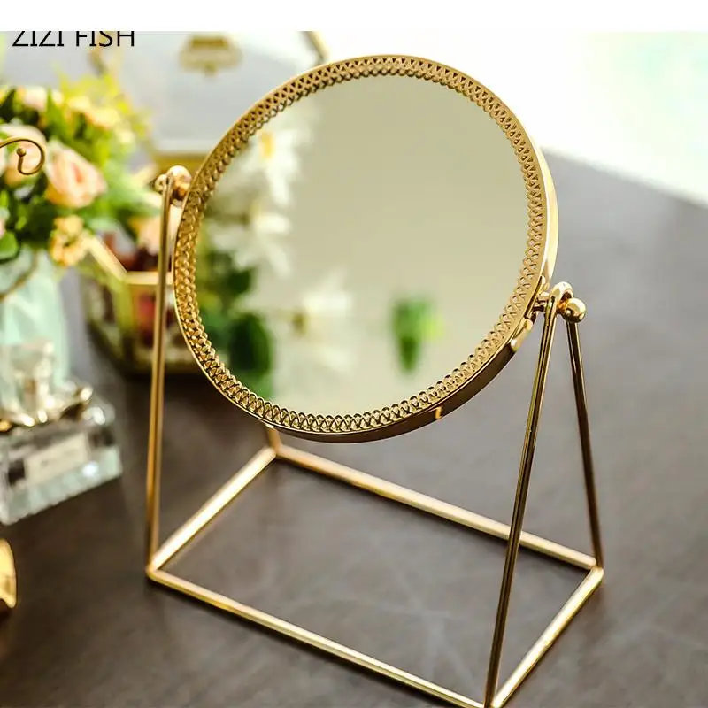 Copper desktop makeup mirror golden toilet glass princess round with portable cosmetic espejos decorativos