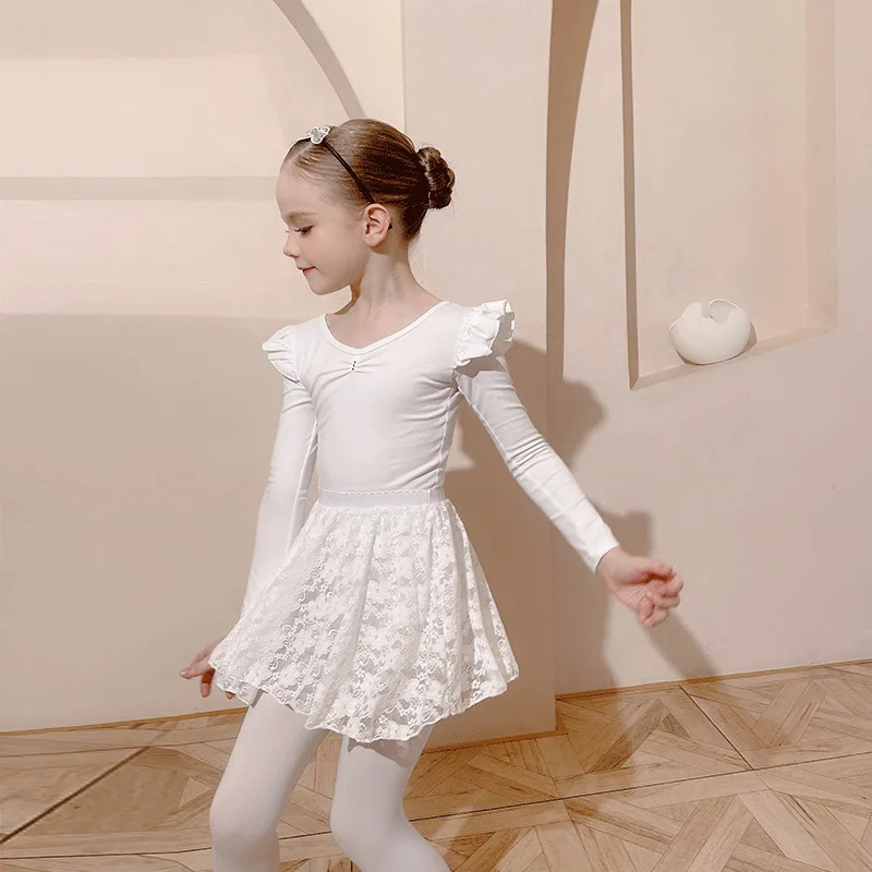 Terno de dança infantil de manga comprida, traje de prática para meninas, branco, outono e inverno, saia de renda, vestido de prática chinesa