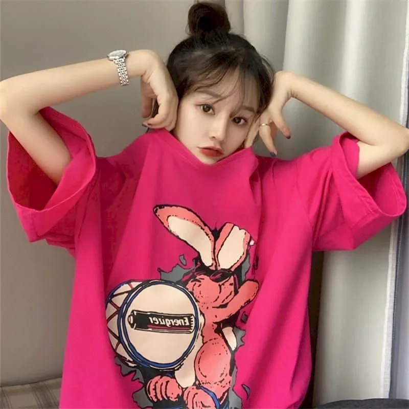 2024 Spring Summer Short Sleeve T-shirt Korean Loose Harajuku Vintage Gothic Punk Clothes Graphic Tee Top For Women Striped Goth