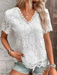 Elegant Women's Tops Lace White Shirt 2025 New Spring Summer V-neck Short Sleeve Slim Blouses Solid Office Ladies Casual Shirts