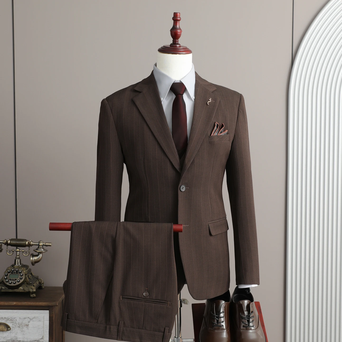 

Wedding suit Mens Three Piece Suit Set Striped High End Business Groom Banquet Jacket Vest Pants Office Host Formal Attire