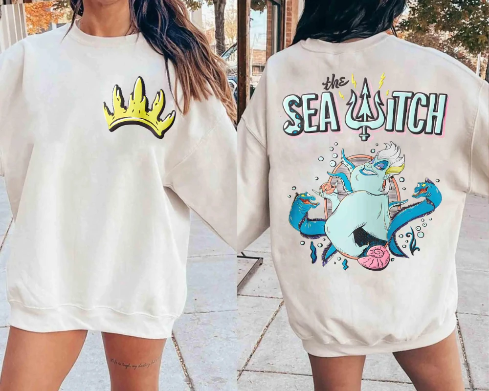 

Двусторонняя толстовка с изображением трезубца и короны Урсулы, ведьмы моря, из мультфильма «Русалочка», толстовка с персонажем злодея из мультфильма «Русалочка», толстовка для поездки в Диснейленд 2026