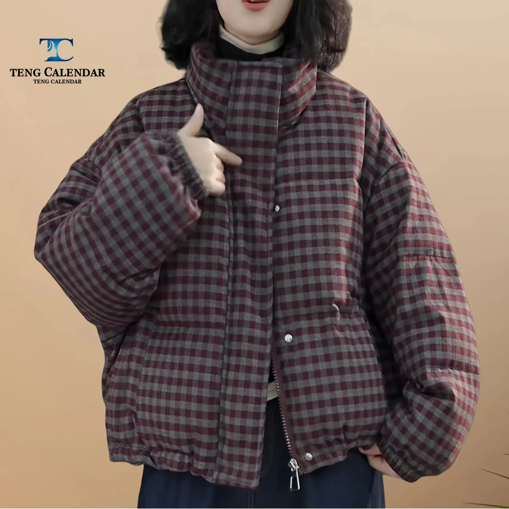 

Fashionable Retro Plaid Cotton Jacket, Korean Version Thick Warm Standing Collar Loose Short Jacket, Women 2024 Winter New Item