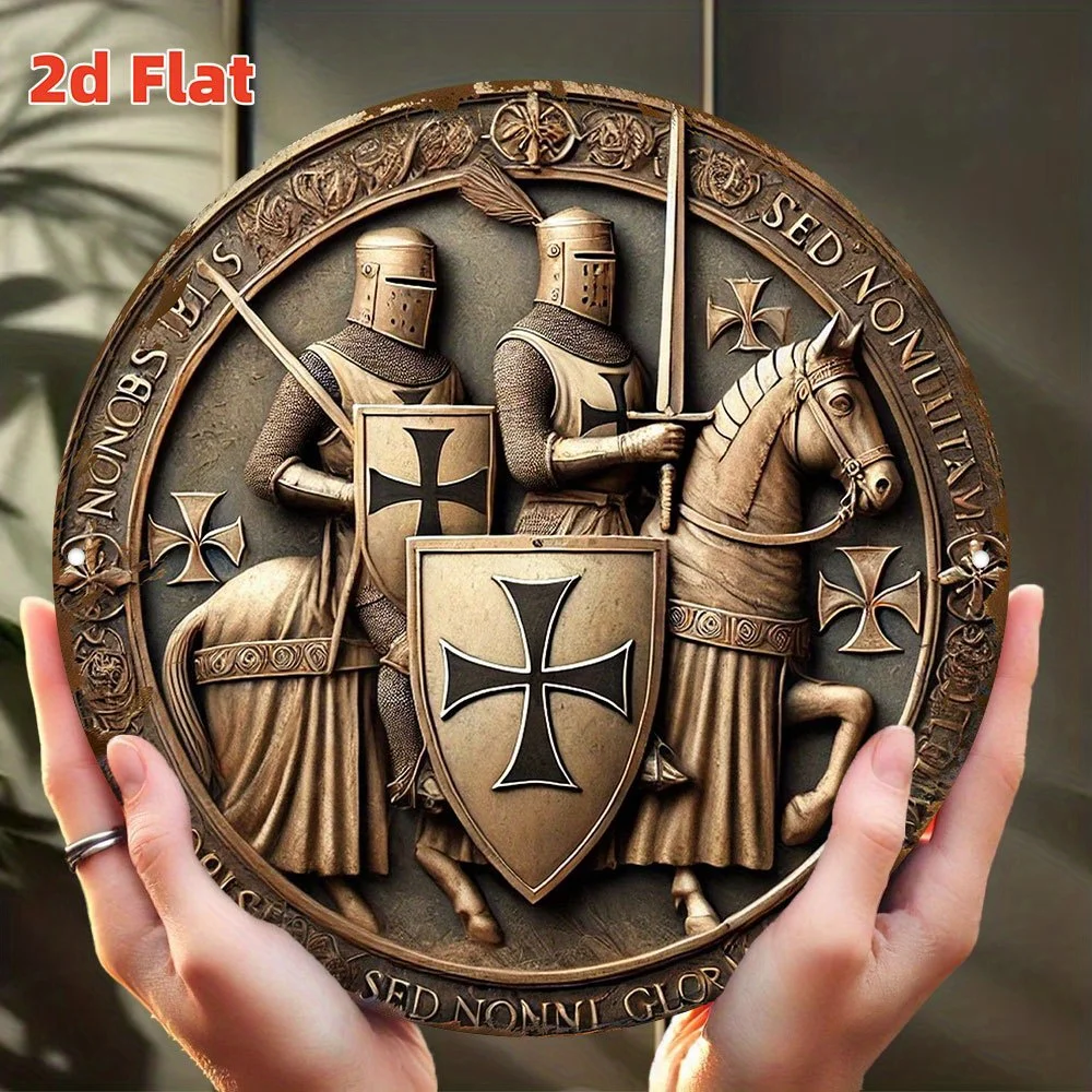 Mittelalterliches Kreuzritter-Emblem 2D-Design, Vintage Runde Aluminium-Wanddekoration für Innen und Außen, Historisches Schild-Ornament 7,8x