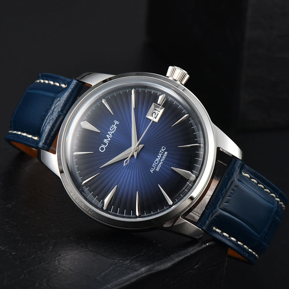 OUMASHI NH35 Cocktail Automatic Watch 10ATM Waterproof Wristbatch Double Dome Tandorio Dive Clock Date Leather Band Men‘s Watch