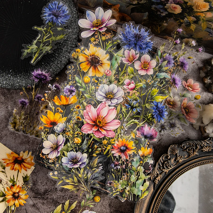 Adhesivo floral transparente de 2 piezas, hecho de material PET impermeable, adecuado para decorar papelería, diarios, álbumes de recortes, etc.