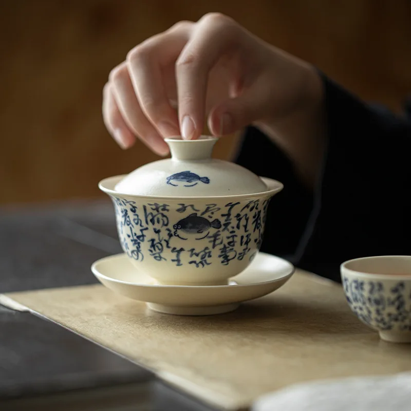 Soda glaze, poetry and text cover bowl, handmade ceramic Sancai cover bowl, household large tea bowl opening can raise kung fu