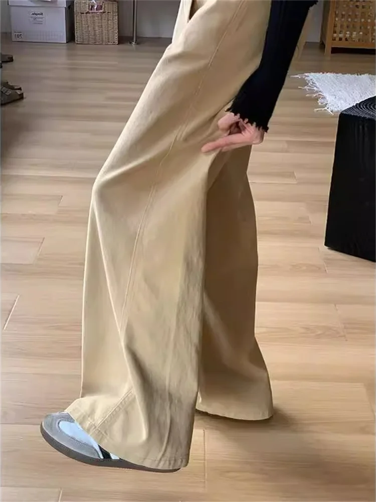 ارتفاع الخصر واسعة الساق الكاكي الدينيم الجينز المرأة عادية فضفاض صالح الطابق طول السراويل الخريف جديد Sle تنوعا حجم كبير #5