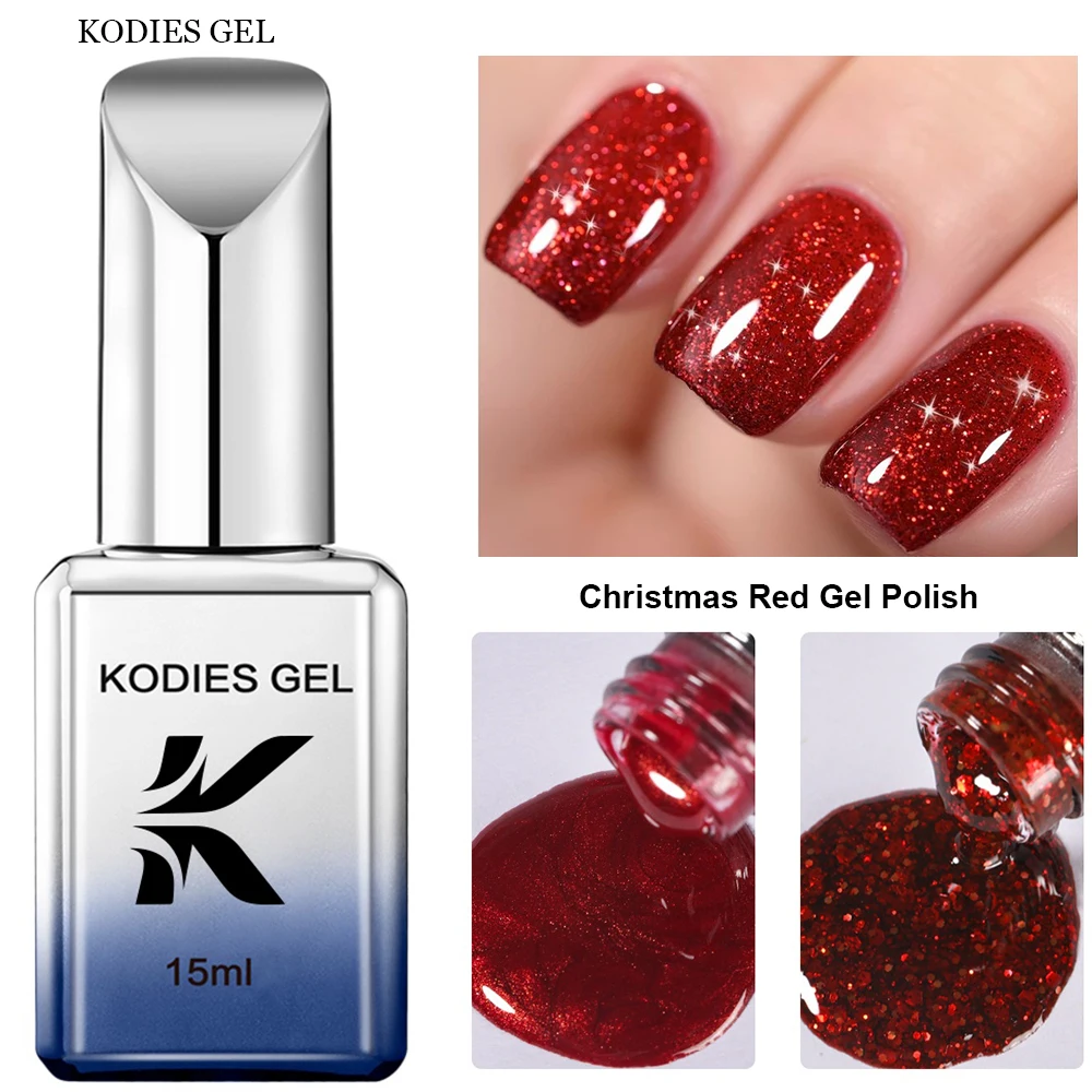 KODIES GEL Christmas Red Gel Nail Polish 15ML Semi Permanent UV Glitter Silver Gold Gel Varnish for Manicure Nails Art Design