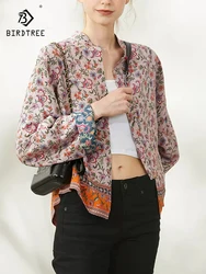 BirdTree, 100%Mulberry Silk Elegant Shirt, Women Long Sleeve Floral Print, Retro Versatile Blouses, 2024 Summer Autumn T48846QC