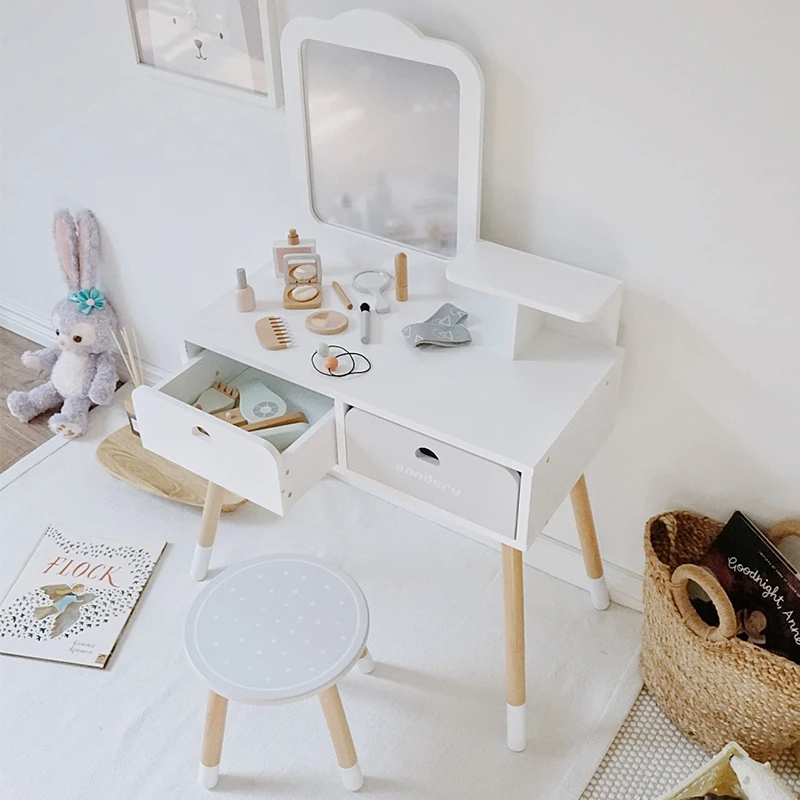 طاولة تزيين مستحضرات التجميل للأميرة، لعبة تعليمية خشبية للأطفال محاكاة الأدوار للفتيات