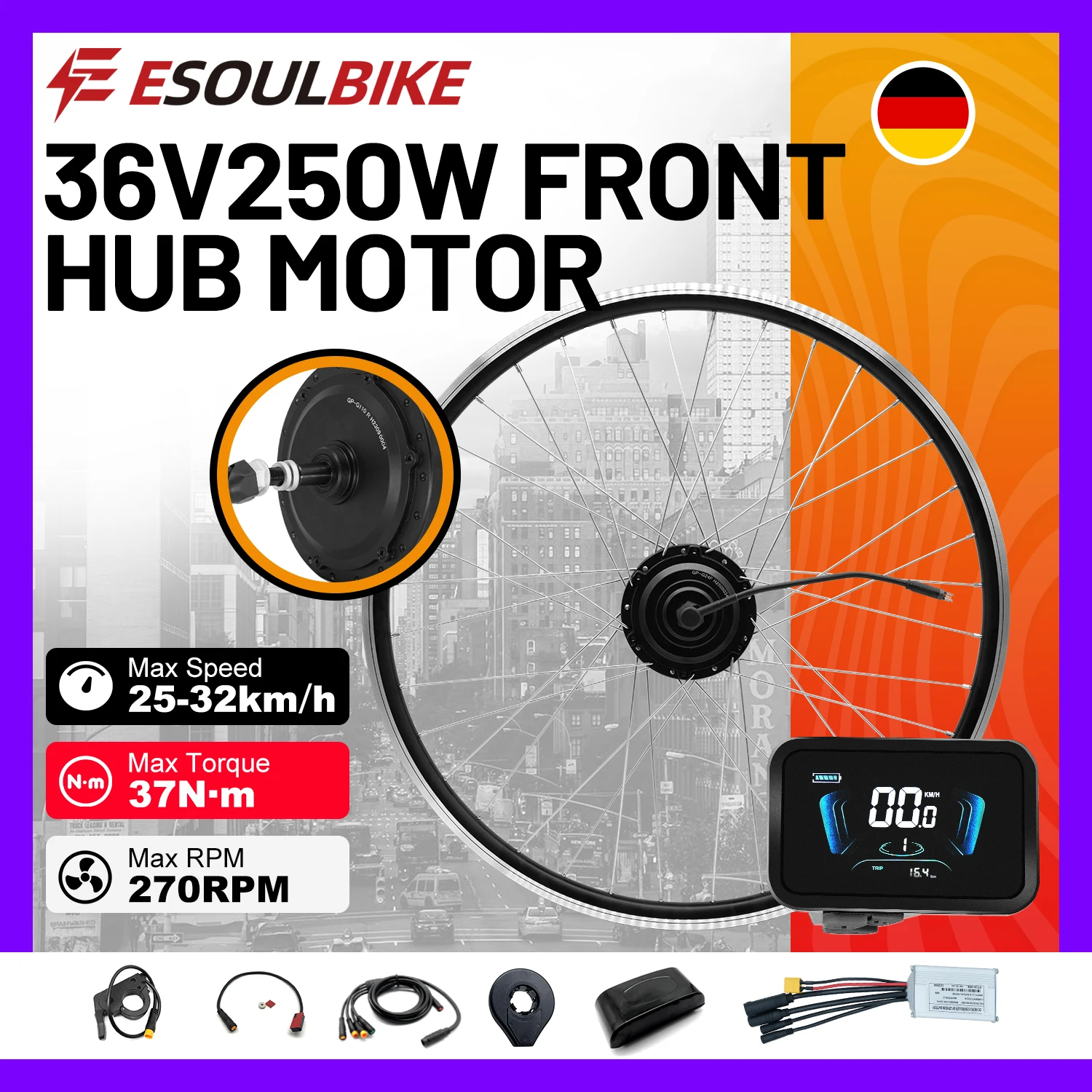 ESOULBIKE 36V 250W – zestaw do konwersji roweru na elektryczny, zawierający silnik montowany w piastie przedniego koła, oraz wyświetlacz YL61F.