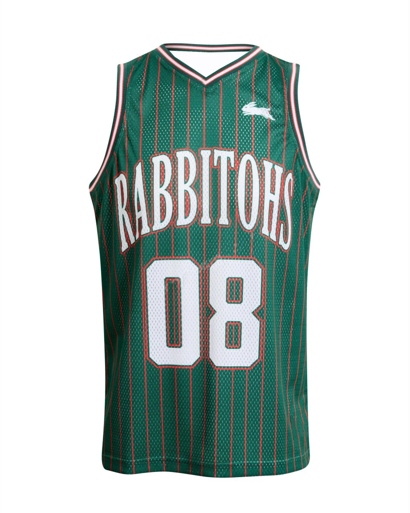 Men Women Kids NRL Rabbitohs 08# Retro Basketball Singlet Green Sleeveless Jersey Vintage Pinstripe Training Fan Sports Tank Top