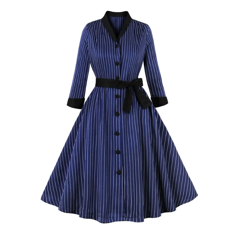 Women Pin Up Stripe Print Fashion Party Dress Spring Summer Long Sleeve Vintage Robe 2024 New 50s Rockabilly Swing Dress Vestido