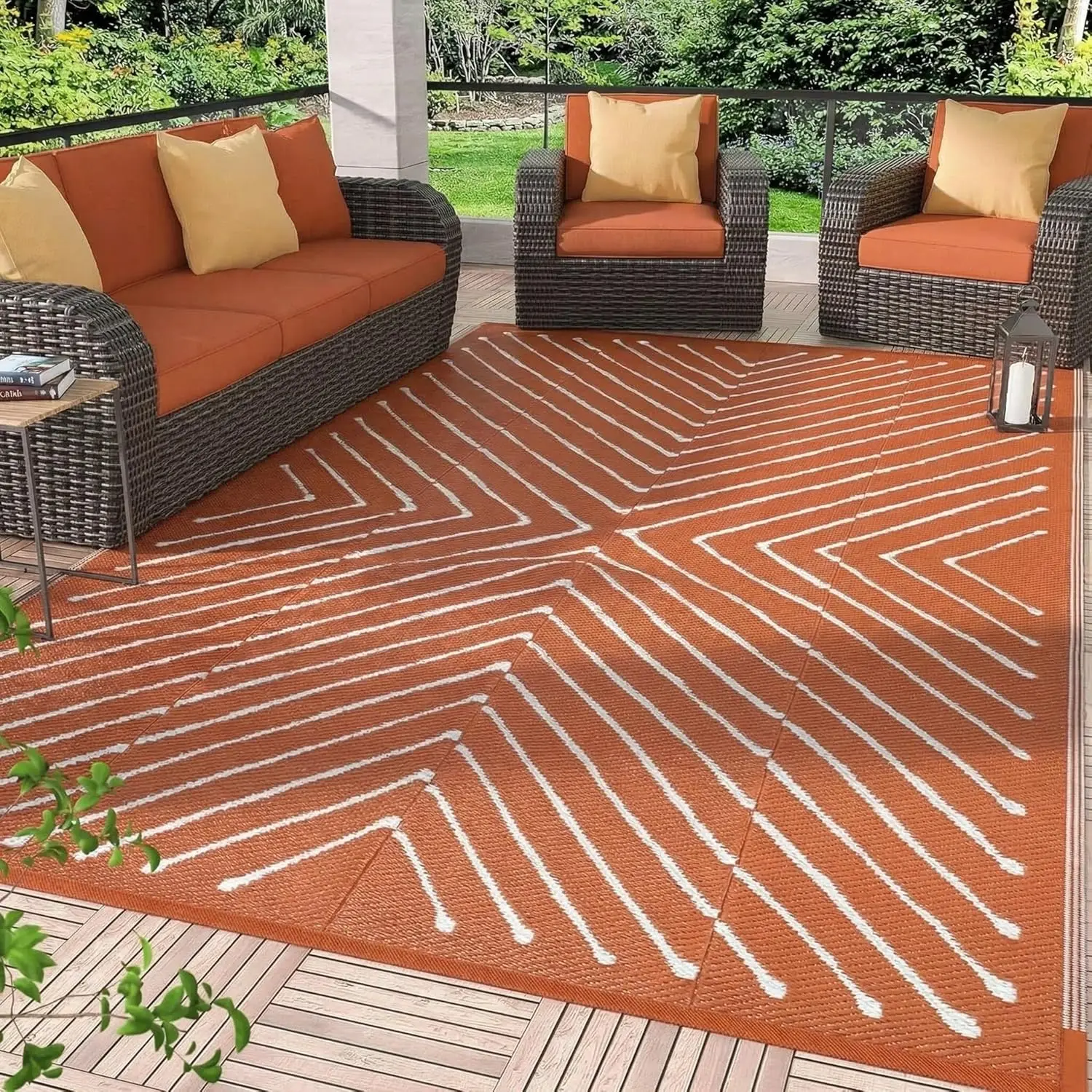 

5x8 Striped Outdoor Waterproof Rug - Reversible Modern Striped Plastic Straw Patio Mat, Portable RV Camping Rug for Picnic, B
