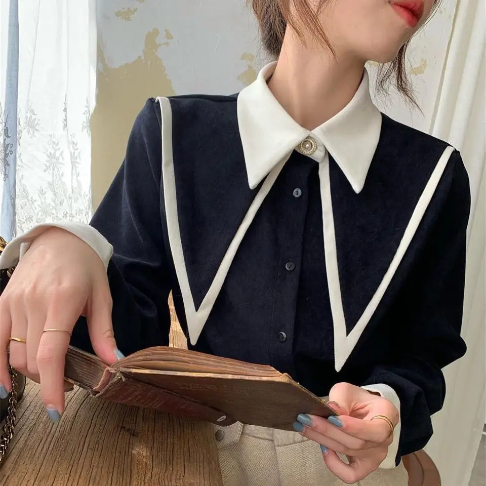 Korean Chiffon Preppy Style Thin Color Contrast Peter Pan Collar Single Breasted Women Shirt Large Nail Bead Long Sleeve 3XL