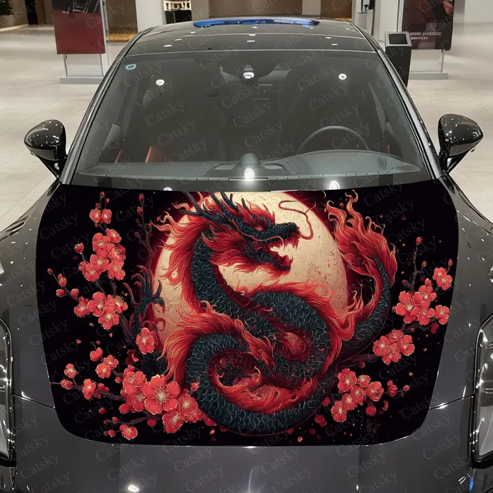 

Виниловая пленка для автомобиля Sakura Moon Red Dragon, водонепроницаемая наклейка на капот автомобиля из ПВХ, самоклеящиеся устойчивые к царапинам наклейки