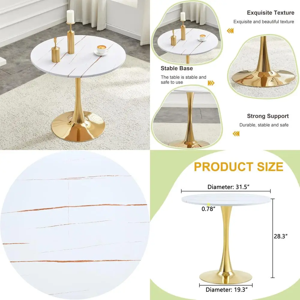 

Compact White Dining Table, 32 Round with Metal Base, Suitable for 2-4 People, Ideal for Apartments, Cafes