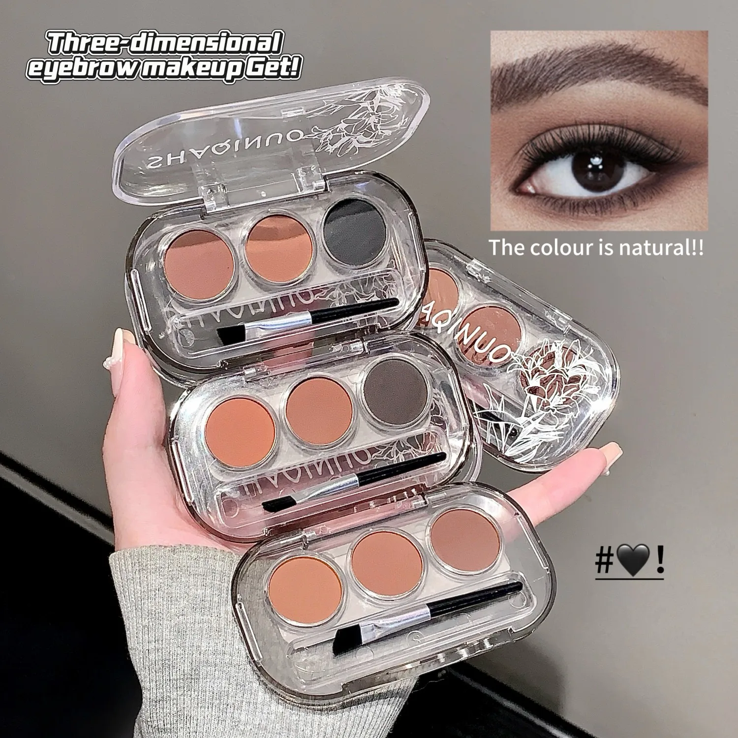 فرشاة SHAQINUO مكونة من 3 ألوان + رذاذ ناعم من حجر الحبر بثلاثة ألوان مسحوق حواجب مقاوم للماء ومقاوم للعرق وغير يتلاشى #6