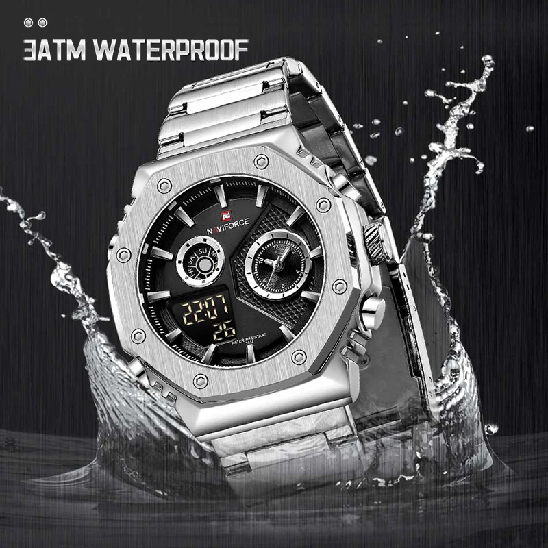 NAVIFORCE New Fashionable Style Dual Time Display LCD Digital Analog Quartz Mens Watches Luminous Water Resistant Man Wristwatch