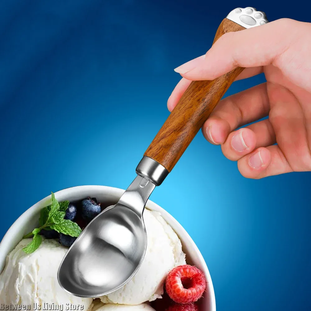 

304 Stainless Steel Cats Paw Soup Spoon with Wooden Handle Japanese Ice Cream Spoon for Home Restaurant Kitchen Gadgets