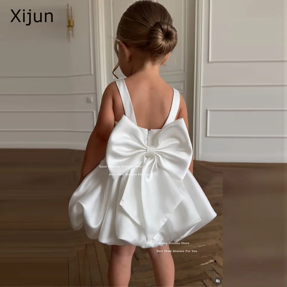 

Xijun милые атласные платья цвета слоновой кости для девочек с бантом на спине, свадебные платья для детей, трапециевидные платья принцессы для дня рождения по индивидуальному заказу