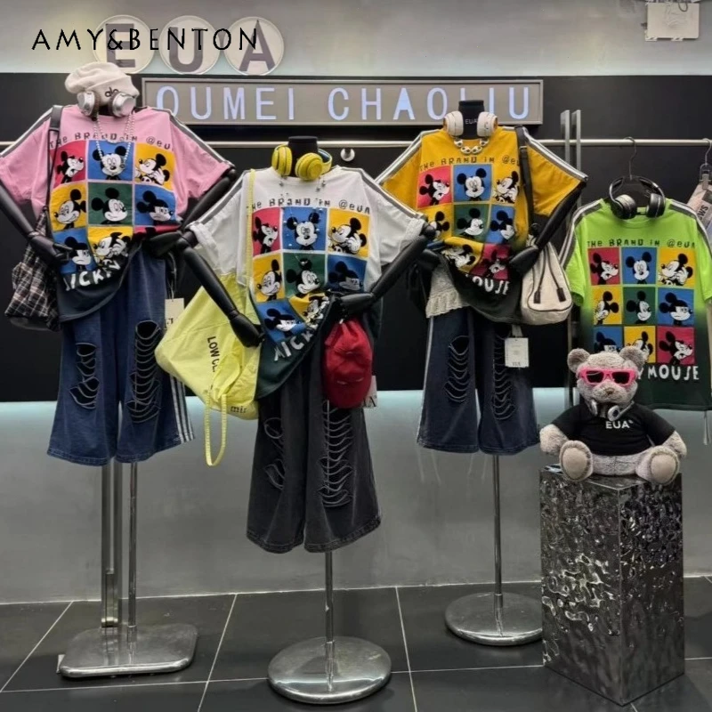 

Popular Design New Color Block Tie-dye Gradient Cartoon Short-sleeves T-shirt Women's Loose Fit Y2k Sweet Fashion Pullover Top