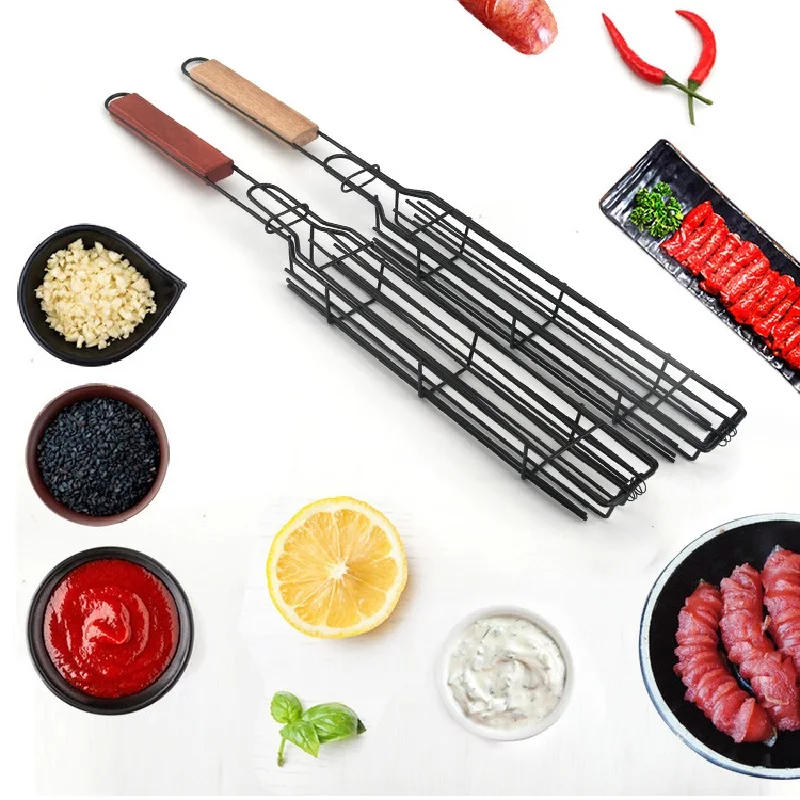 1pcs Grilling Basket Metal Mesh Barbecue Sausage Grilling Rack Net Picnic Camping BBQ Net Barbecue Grilling Accessories