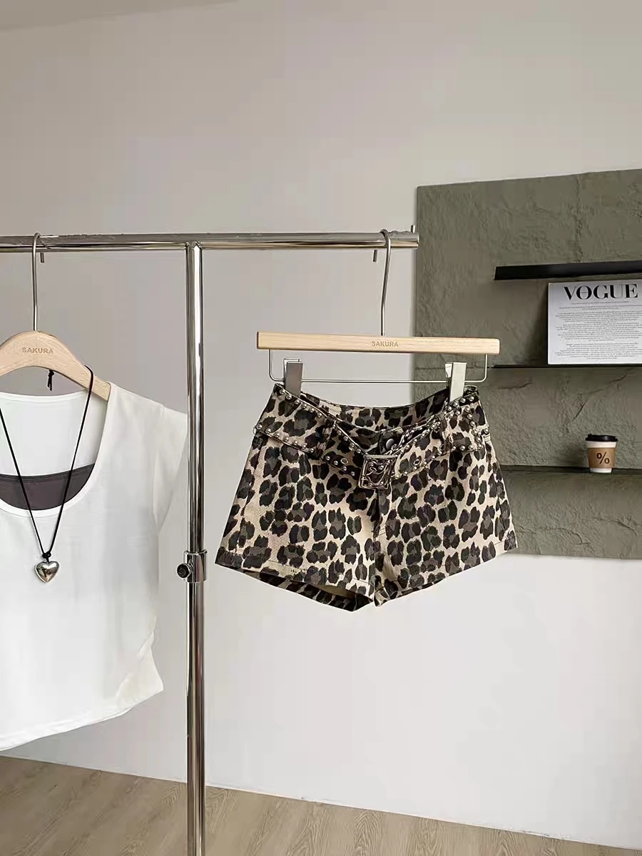 Dames zomer herfst high street luipaard denim shorts dame streetwear lage taille slanke denim korte broek