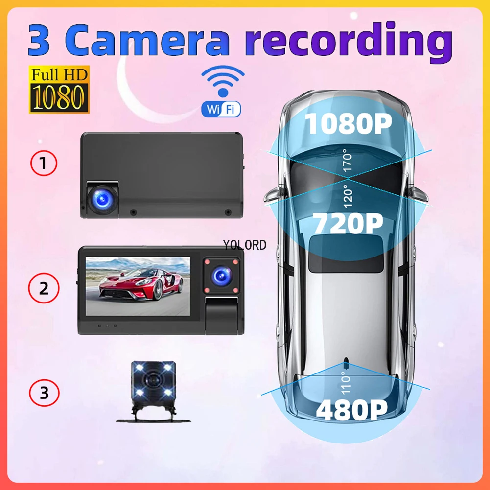 Metal 3 Channel Dash Cam 1080p HD Driving Recorder with Backup Camera Loop Recording Motion Detection 3 inch WiFi Car DVR