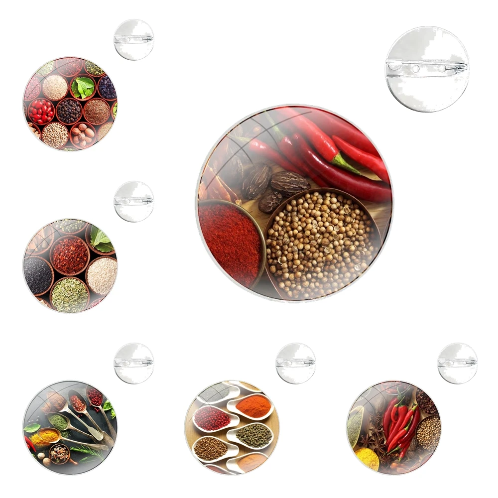 Spices Seasoning Cooking Chef Glass Dome Brooches Badge Pins For Clothes Hat Shirt Lapel Bag